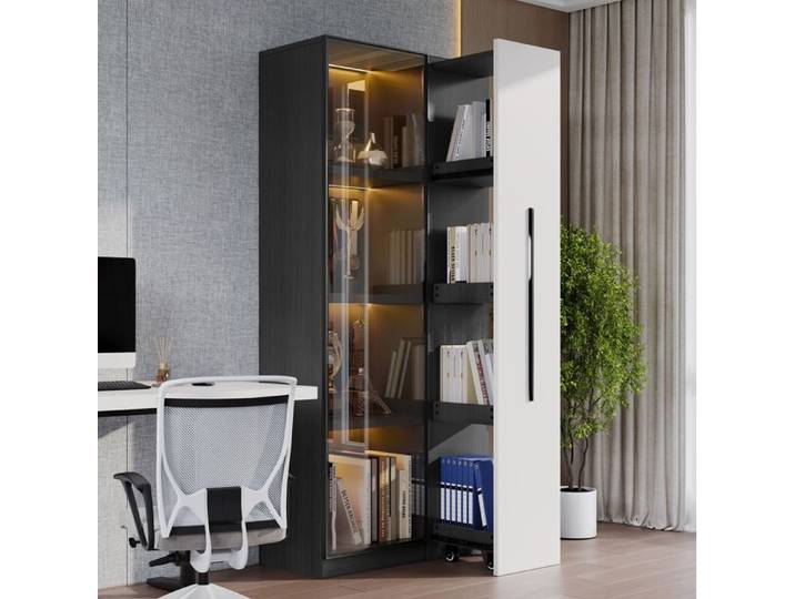 VUENOR Vitrine bibliotheque 70 x 40 x 160 cm noir et blanc avec LED et rangement lateral coulissant