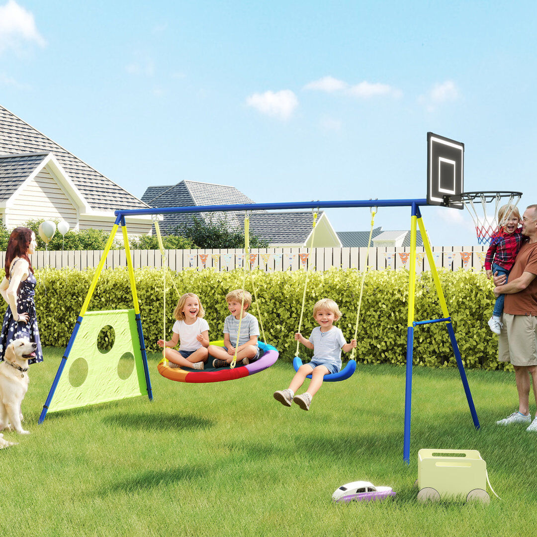 HOMCOM AIYAPLAY 4-in-1 Kids Swing Set with Swing, Basketball Hoop, Football Goal Blue, Yellow, Green 220cm H X 288cm W X 160cm D