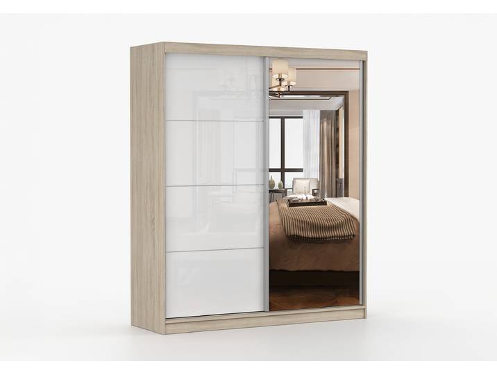 Schwebetürenschrank MULTI 35 183 cm Sonoma Eiche Weiß Semigloss + Spiegel