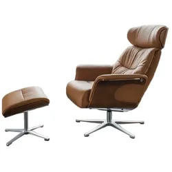 KAWOLA Sessel TOSAR Relaxsessel drehbar Leder braun mit Hocker