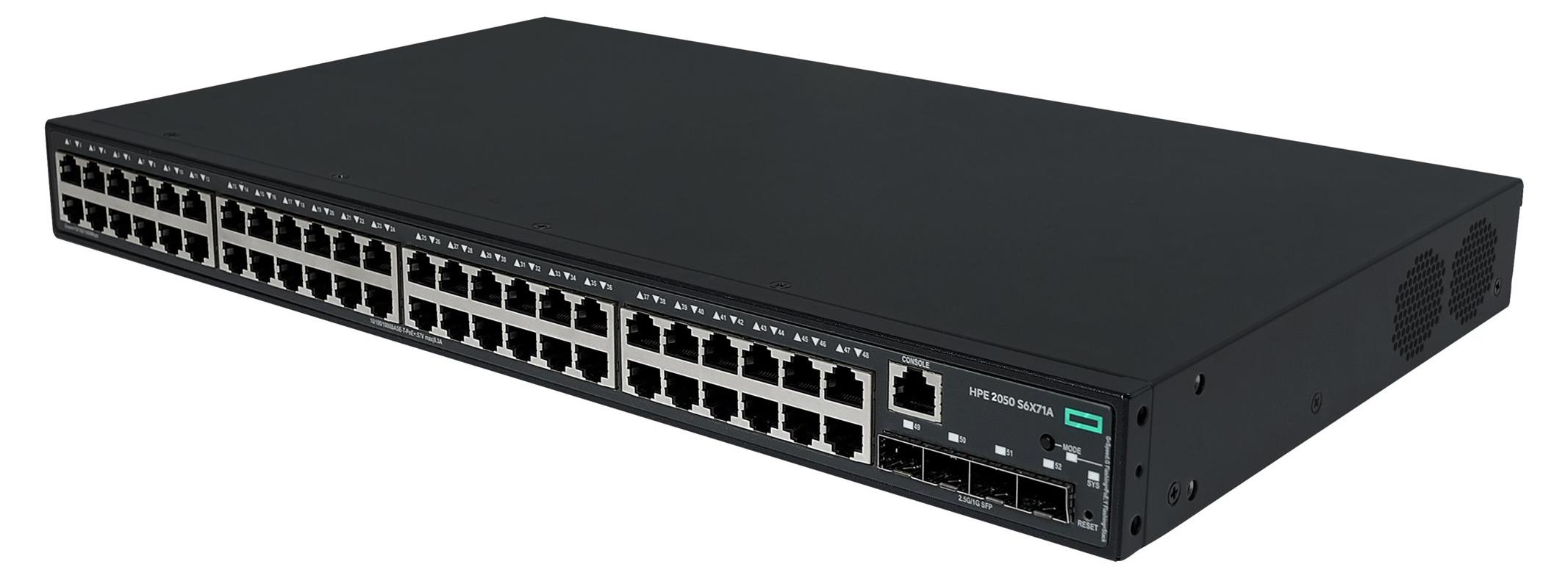 HPE Networking Comware 2050 48p: Managed Switch mit 48 x 10/100/1000Base-T (PoE+) Anschlüssen, 4 PoE+ Ports, 4 SFP-Ports (1G/2.5G) und einer Leistung von 410W