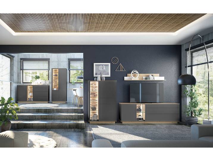 TV-Lowboard Front & Korpus: Spanplatte, beschichtet Absetzung: Massivholz Teak, naturbelassen Grau/Anthrazit 207cm