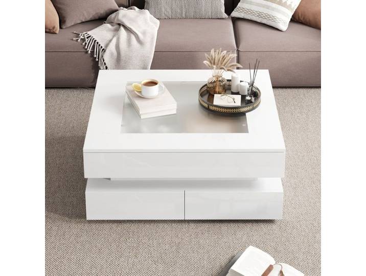 Piaenon - Table Basse Carrée 70x70x35cm avec LED 3 Tiroirs Brillant Design rangement salon - blanc