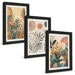 BILDER SET 3er Set - 20x30 cm Schwarzer Rahmen - Pflanzenmotive in gedeckten Farben