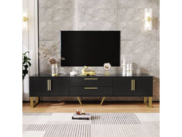Meuble TV ultrabrillant - base poignées et pieds dorés porte avec texture gravée rangement salon combinaison parfaite entre
