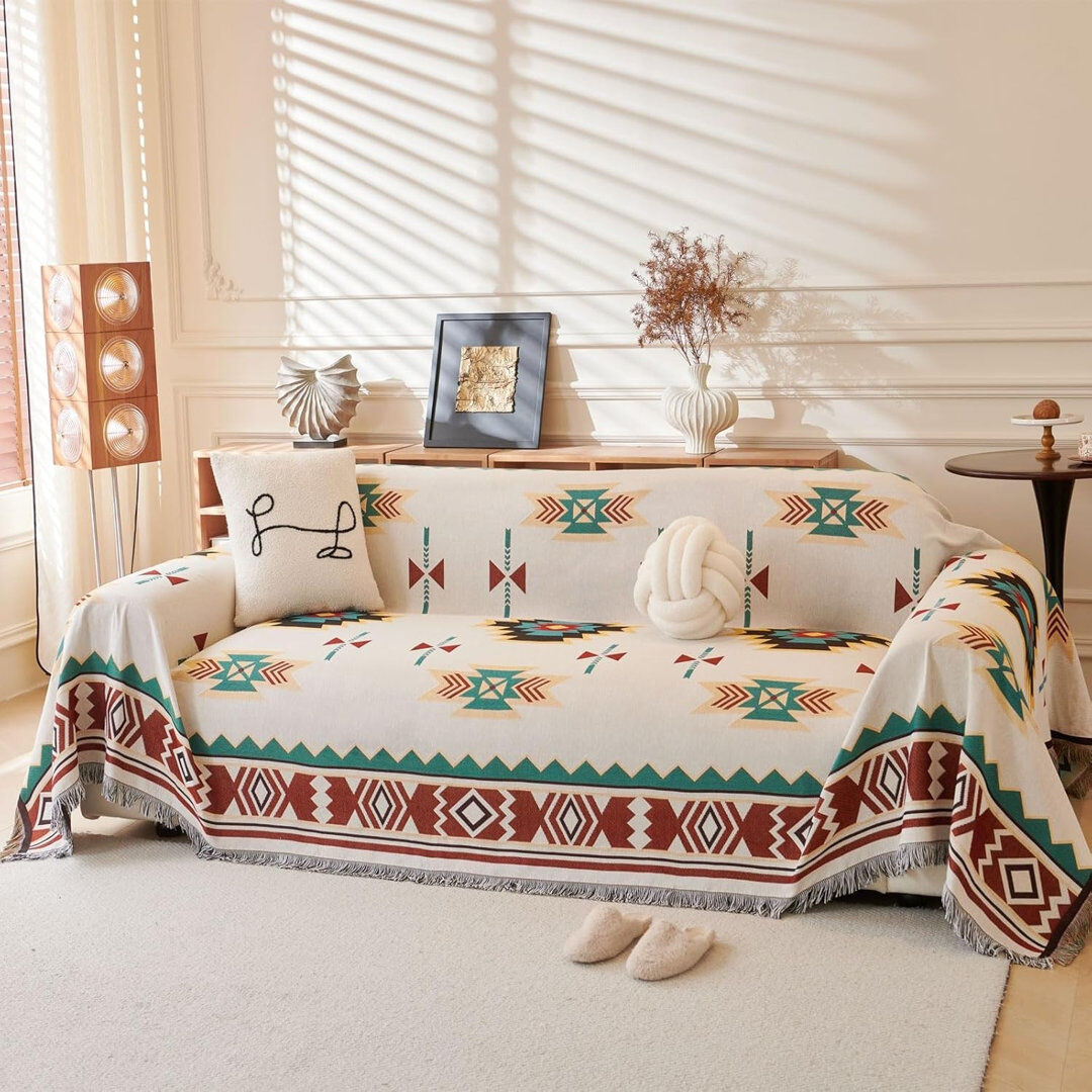 Lily Manor Box Cushion Sofa Slipcover Polyester Blend - Beige Geometric 180cm H X 300cm W X 1cm D