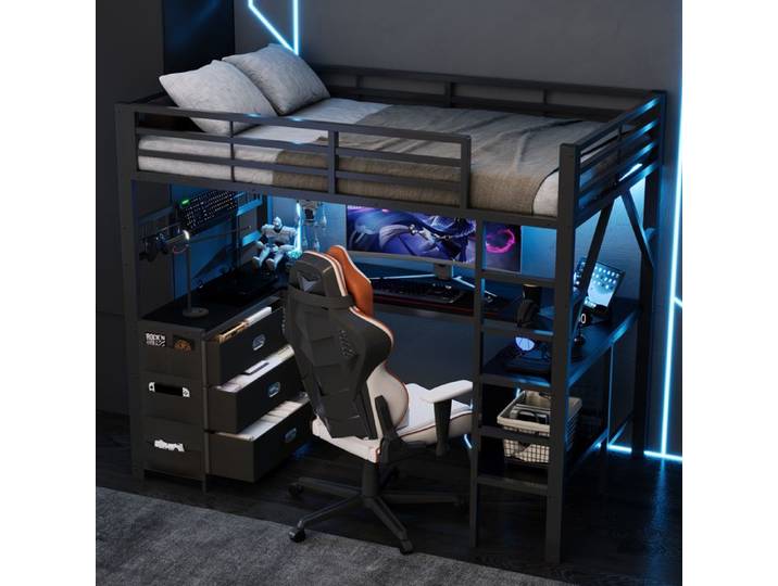 Lit mezzanine métal 90x200 cm - Lit mezzanine enfant simple avec bureau - LED et 3 tiroirs - Noir