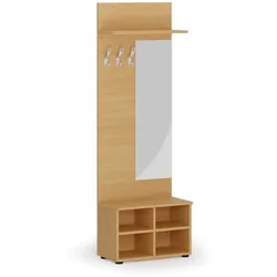 Garderobenwand HORIZONT, Schuhregal + Spiegel, 3 Haken, Ablage, Holzstruktur horizontal, Buche
