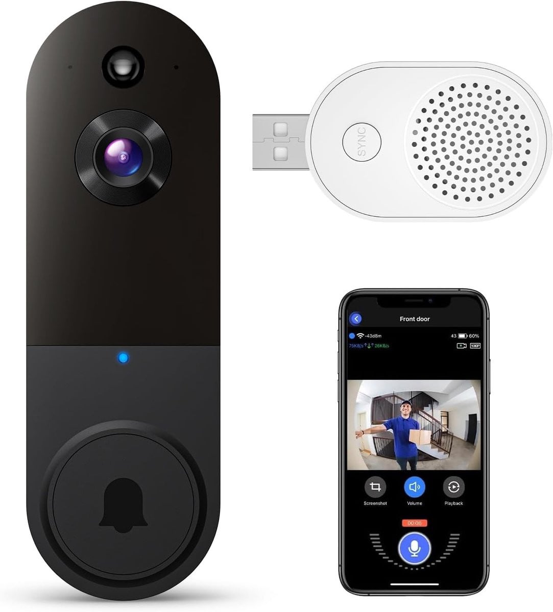 Slimme draadloze video deurbel met camera en WiFi app, zwart