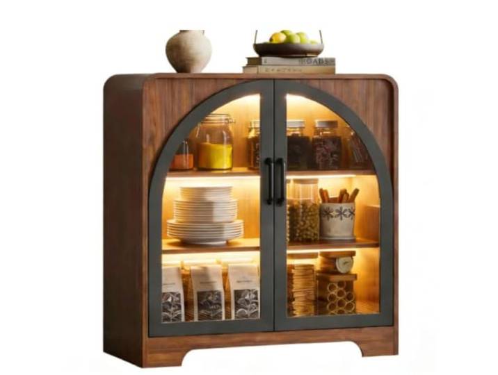 reukmuuc Modernes Sideboard mit Glastür und verstellbaren Böden Sanft schließende Scharniere, mehrere Fächer; ideal für Küche, Esszimmer & Wohnzimmer Braun