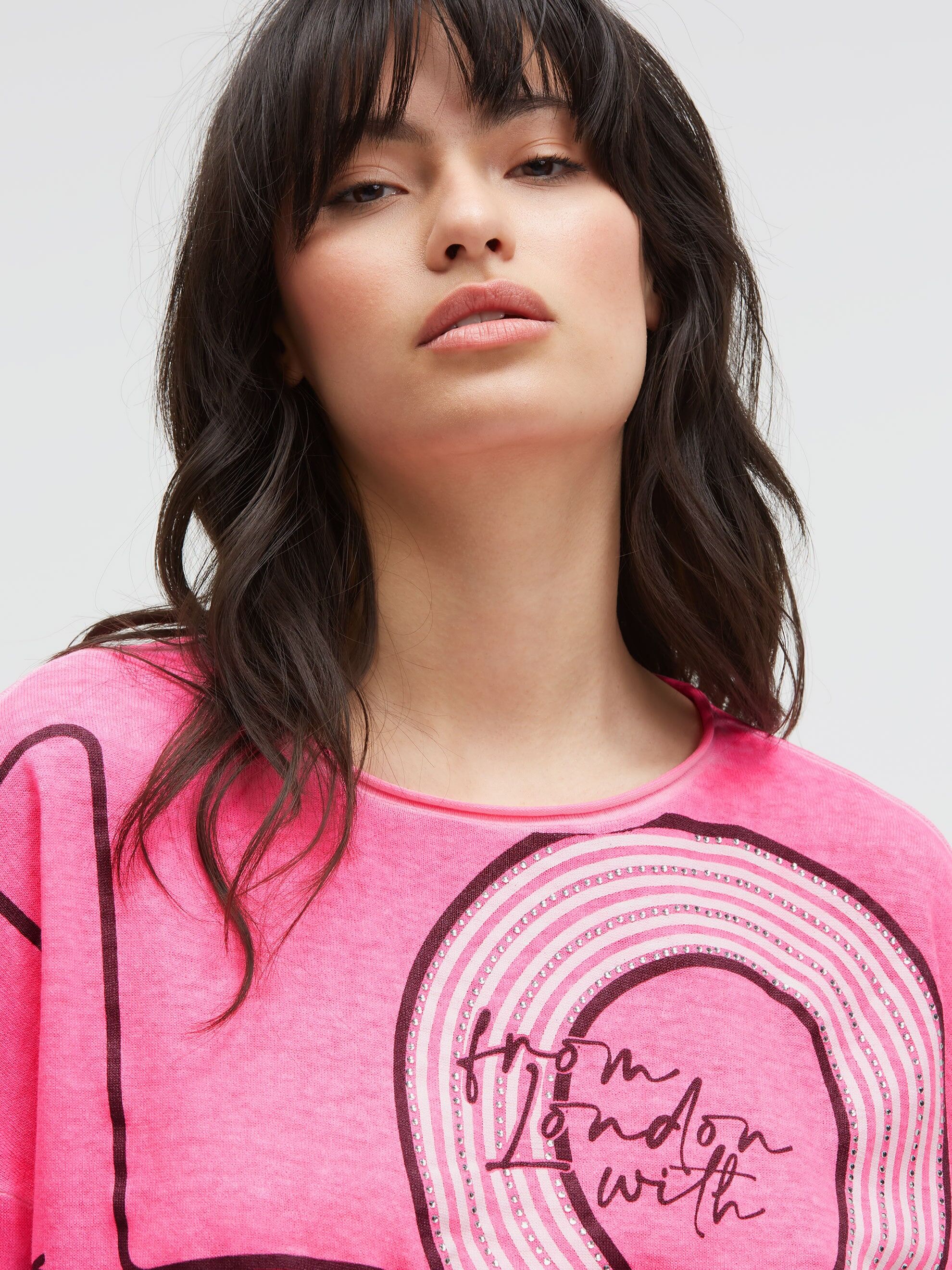 Rundhalspullover SOCCX, Damen, Gr. XL, pink (rosy neon), Feinstrick, Material: 100% Baumwolle, bedruckt, regular fit normal, Rundhals, eingesetzt Rollsaum, Pullover Rundhalspullover, mit Rollsäumen