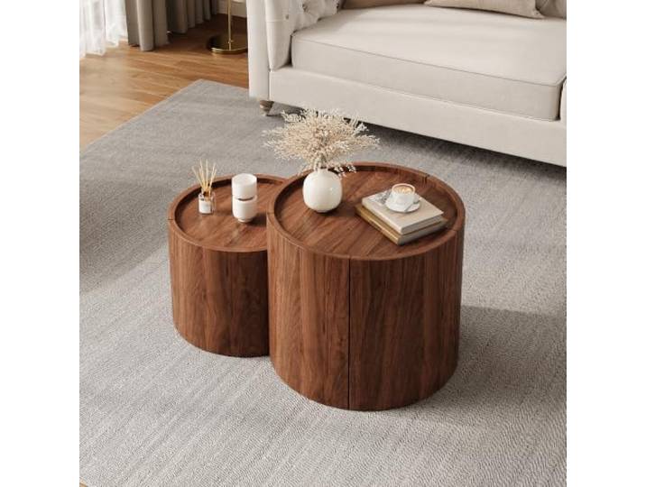 BXEYXE Couchtisch mit Stauraum, runder Kaffeetisch mit Schubladen und geschwungenen Türen, moderner Wohnzimmertisch aus PB, Sofatisch abgerundetem Design