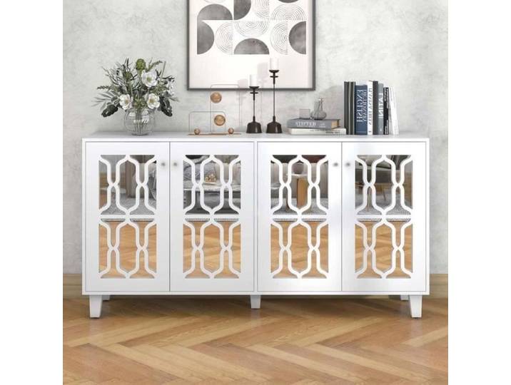 Buffet bas lgant avec miroir et poignes en cristal - AUTREMENT - Blanc - 4 portes - Laqu
