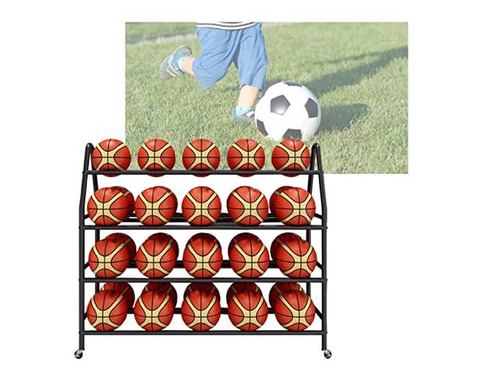 Aufbewahrung Regal 4-stöckiges Basketball-Aufbewahrung Mit Rädern Ballwagen Stehender Ballhalter Aufbewahrungsregal Sportausrüstung Organizer Für Volleyball Fußball(Black,140CM)