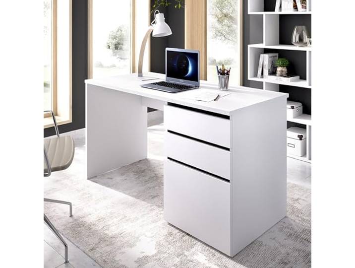 Dmora Schreibtisch Lagoni, Mehrzweck-Schreibtisch für Büro oder Kinderzimmer, linearer Studientisch mit 2 Schubladen und 1 Tür, 139 x 60 x 75 cm, Weiß, 16 mm, Melaminplatte 22 mm