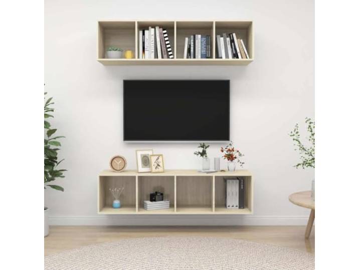 HEFZGDB TV-Wandschränke 2 STK. Sonoma-Eiche Holzwerkstoff mit 4 Fächern pro Schrank für praktische Aufbewahrung, vertikale oder horizontale Wandmontage, leicht zu reinigen, viel