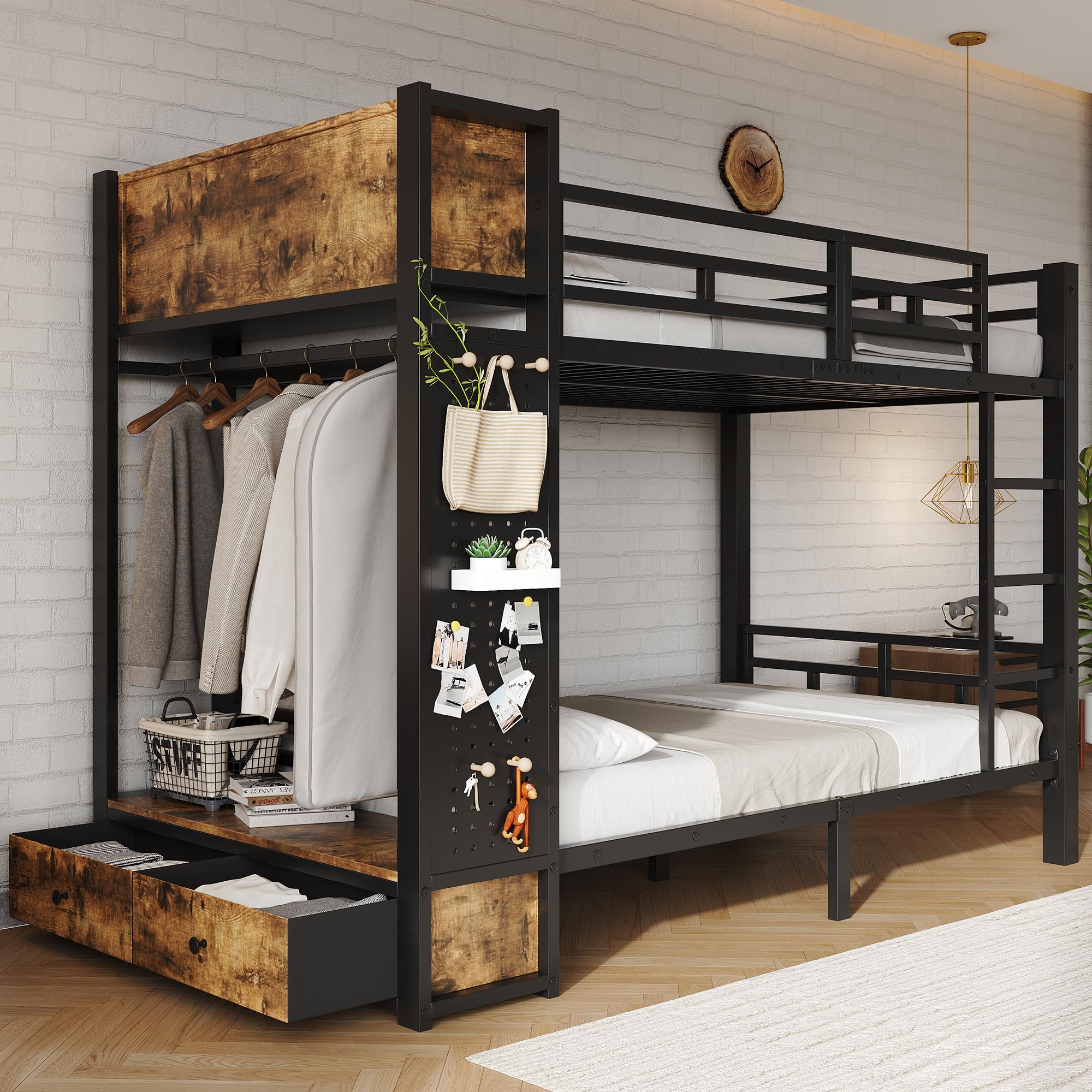 Flieks Etagenbett 120x200cm mit Kleiderstange & Schublade, Hochbett mit Leiter & offenen Ablagefächern, Kinderbett Jugendbett mit Lattenrost, Schwarz