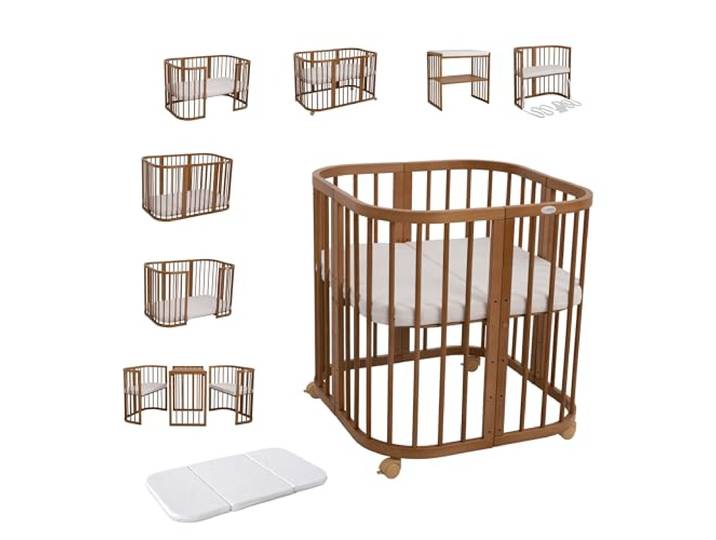 waldin Babybett 7in1, Matratze, Rollen, Regal, Vintage Ohne Stoffset, Mitwachsend, Beistellbett aus Holz, Wiege optional