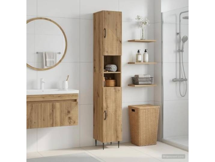 YUTAASU Badezimmerschrank mit Offenem Regal Artisan-Eiche Holzwerkstoff Feuchtigkeitsbestaendig, Umkehrbare Tuer, Mehrere Faecher, Kompakt