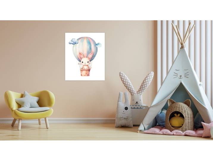 Bild mit Rahmen LÜTTENHÜTT oder Poster, Hase im Heissluftballon am Himmel , bunt (farbe bild(er): bunt), B:50cm H:70cm T:0,2cm, Papier, Bilder, Bild mit Rahmen, HD Premium Druck