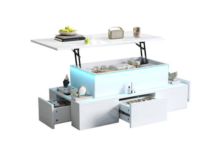Table Basse Relevable Blanche 100x50x40cm MDF Laqué Brillant LED 4 Tiroirs Rangement Caché Salon Console Multifonction