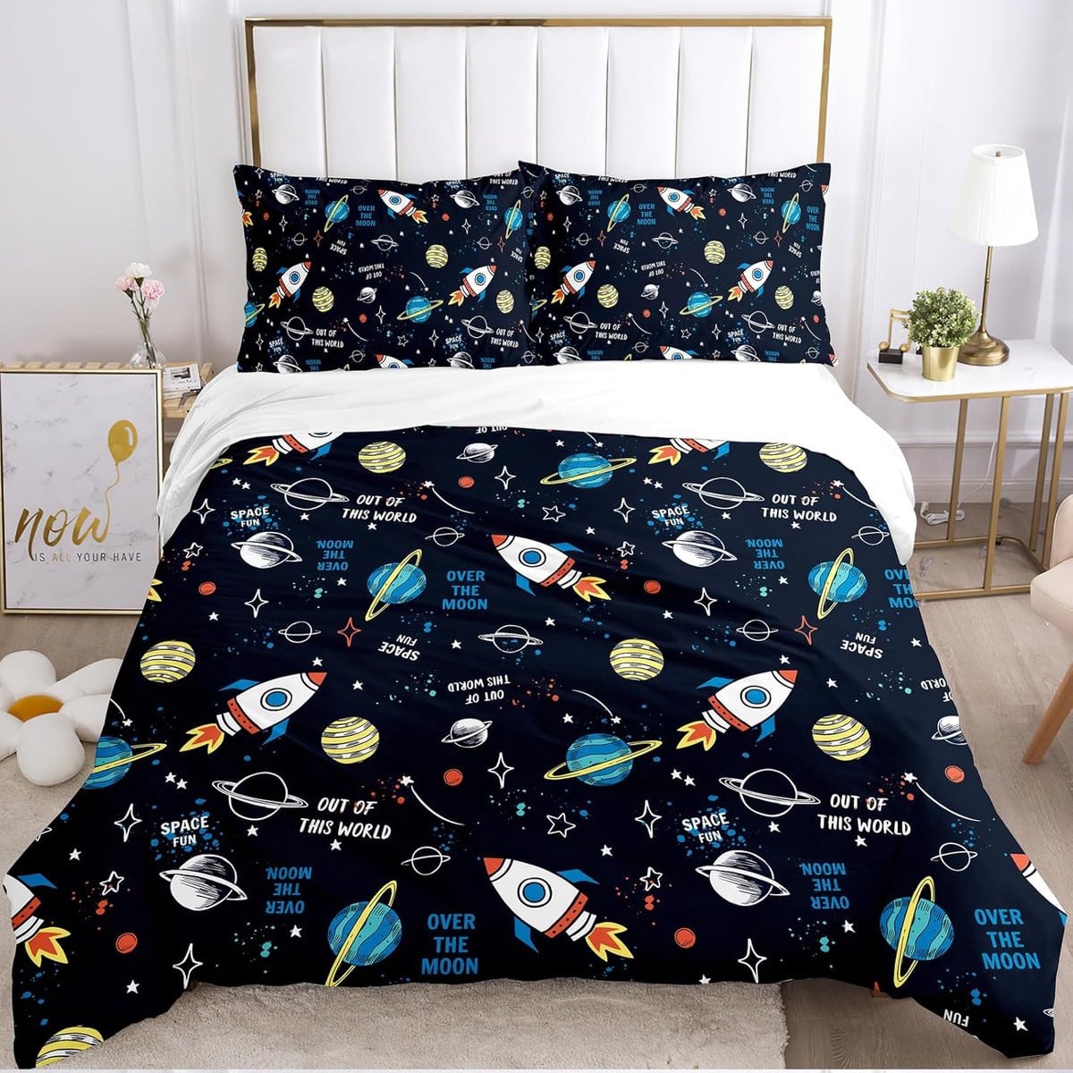 Dekbedovertrek Universum met Raketten en Planeten inclusief kussenslopen, 200 x 200 cm