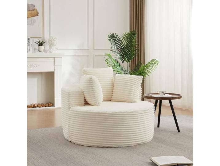 Fauteuil Simple - 110x110x82cm - Fauteuil Crapaud Pivotant/Fixe en Velours Côtelé avec 3 Coussins & Accoudoirs Larges - Beige