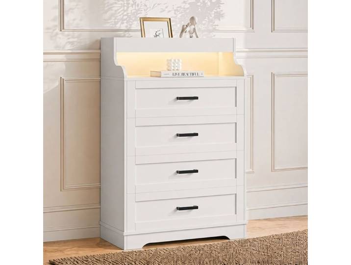 Commode Chic à 4 Tiroirs LED - 73x39.5x114cm - Meuble de Rangement Style Nordique avec Étagère Organisée - Blanc