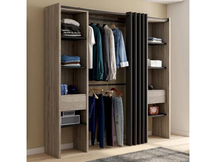 IDMARKET Dressing extensible double MERYL 120/180 x 50 x 180 cm hêtre avec étagères hêtre + double penderie + rideau noir