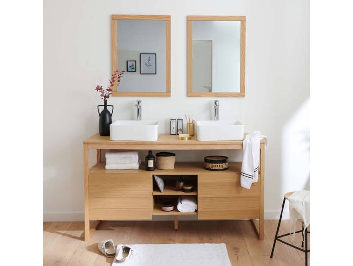 Meuble sous vasque plaqué chêne naturel 140cm + vasque + miroir carré