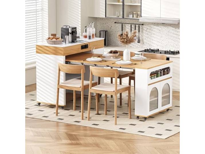 Merax Kücheninsel Freistehend mit Ausziehbare Arbeitsplatte, Küchenwagen mit Steckdosen, Sideboard mit Rollen & & Schubladen, Holzoptik, Küche & Esszimmer, 71x75(121) x93cm, Weiß