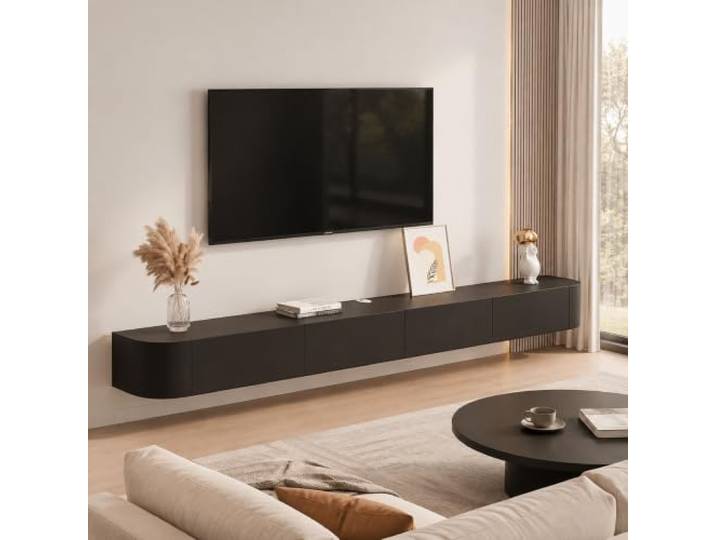 XRRJFYH TV Board Hängend Lowboard TV Schrank Holz Fernsehtisch Massives mit Schubladen, Kabelmanagement, Abgerundete Ecken, Wandmontage Wohnzimmer(Black,180cm/71in)
