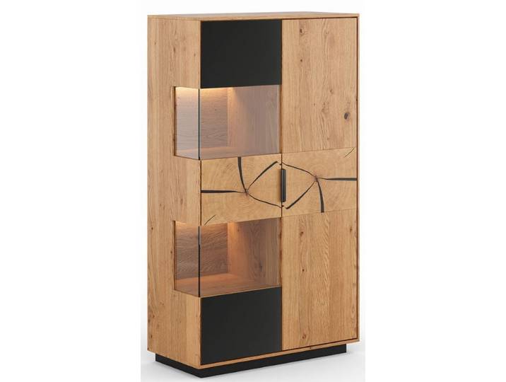 Highboard Tirano mit Hirnholz-Schwarzglaskombination in Wildeiche – Montierte Lieferung – 3%-Vorkasse-Rabatt