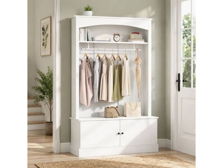 Vestiaire d'entrée Banc à Chaussures Tringle à Vêtements Compartiments Réglables Blanc