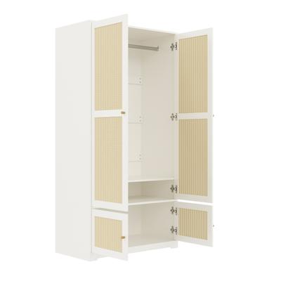 MODFU Kleiderschrank MDF Weiß mit Rattantüren, Kleiderstange und Einlegeböden, 90 x 48 x 180 cm