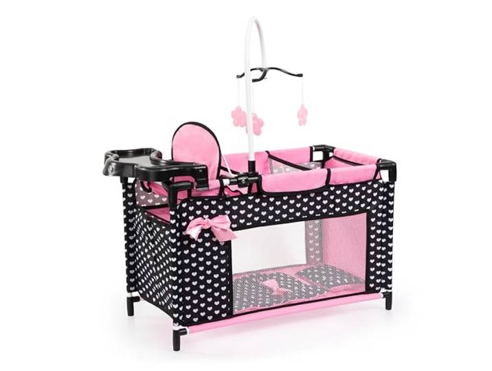 Bayer Design 62660AA Puppenbett mit Schrank, Sitz, Mobile, Ablage, Bettdecke, Kissen, schwarz, rosa, Klein