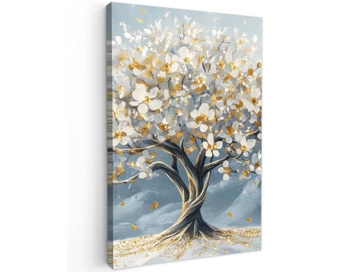 MuchoWow Leinwandbild - Baum - Winter - Baum des Lebens - Modern - Gold - 60x90 - Kunstdruck, Goldfarben, Textil, Kiefer, Abstrakt, Rechteckig, 60x90 cm, gerahmt, Bilder & Rahmen, Bilder, Wandbilder