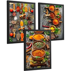 POSTER 3er Set Gewürze und Kräuter Wandbilder Aromatische Zutaten Food Fotografie Küche Esszimmer Deko Schwarzer Rahmen A4