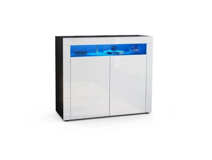Vladon Commode buffet Valencia en Noir mat - Blanc haute brillance - Blanc haute brillance