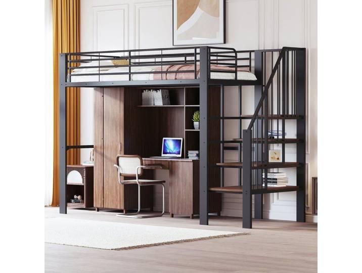 Lit mezzanine avec rangement spacieux et escalier 90x200 pour enfant et adulte