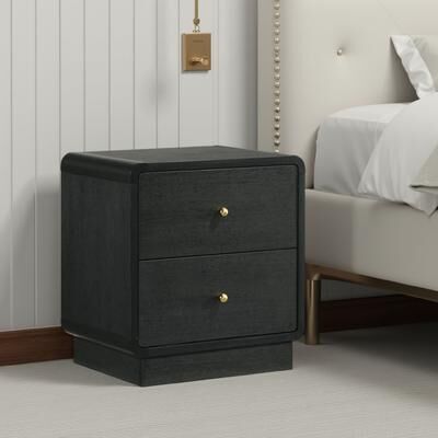 Benjara Cavy Nightstand, 2 Storage Drawers, Black Wood, Round Gold Knobs