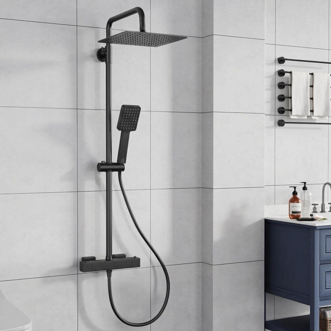 Brayden Studio 38°C Safety Lock - Thermostatic Shower Mixer Set - 25cm Matte Black Square Rain Overhead, 3-Spray Handheld, Adjustable Rail, Stainless 304, Easy Insta Matte Black