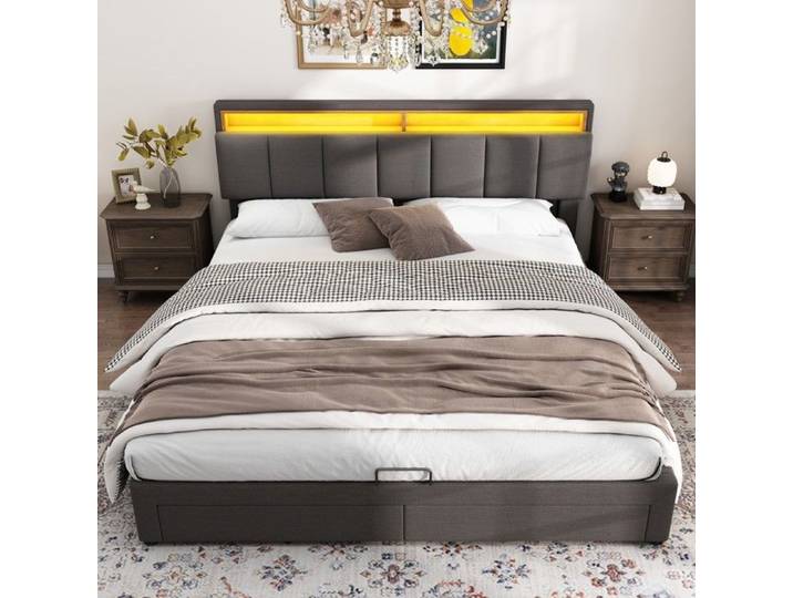 Lit Rangement Hydraulique-LED Intégré-Tête Escamotable-Tiroirs de Rangement-Lin Gris 160x200cm-Espace Optimisé sans Matelas