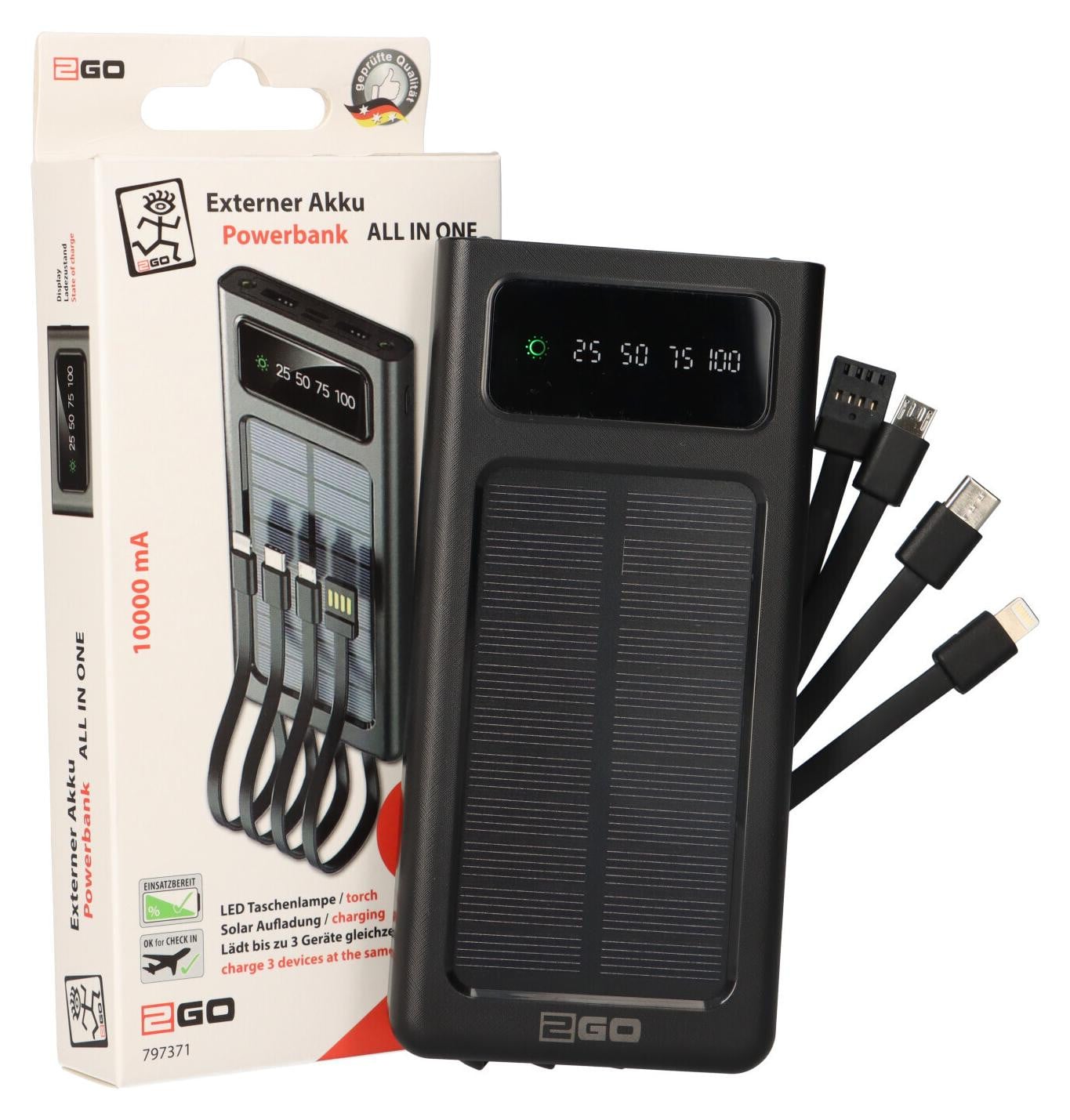 2GO Powerbank 10000mAh met zonnepaneel