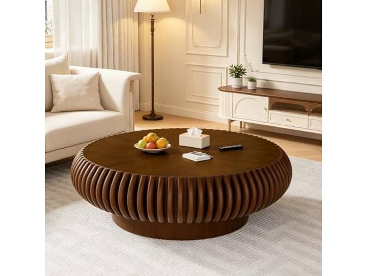 FeiZhiYanS Geriffelter runder Couchtisch fürs Wohnzimmer, runder Couchtisch im Mid-Century-Modern-Stil mit stabilem Gestell, handgefertigter runder Holztisch für kleine Räume/Büros,Bl