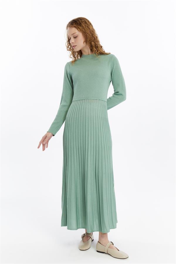 Dames Geplooide Rok, Thin Seasonal Cold Yarn Gebreide kleding Jurk, Almond Groen