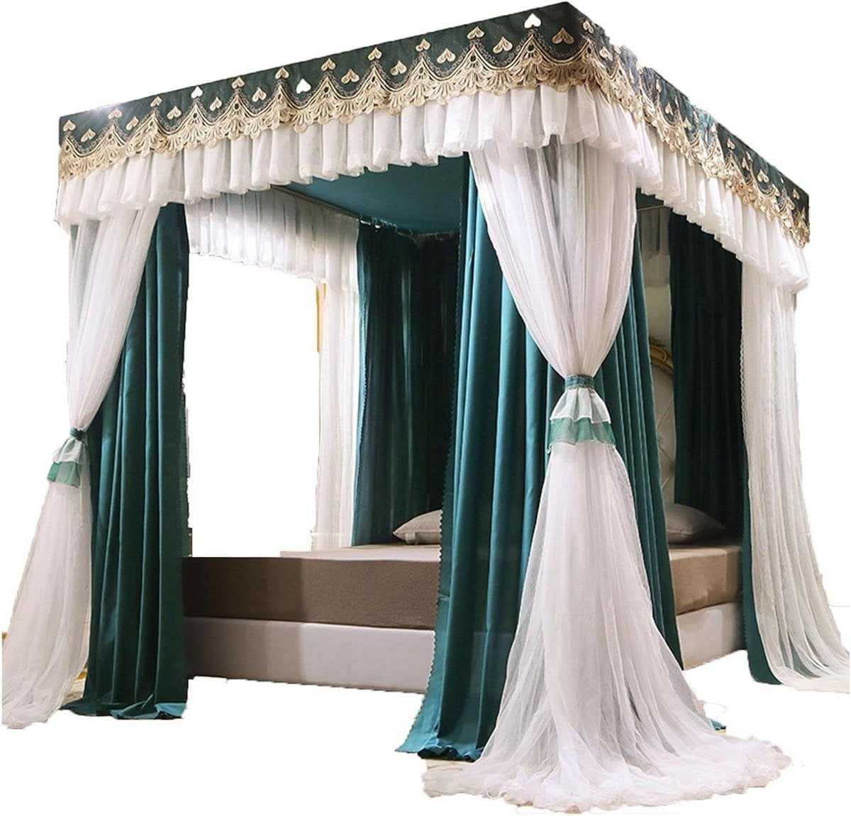 Groen Hemelbed Gordijn met Dubbele Laag voor Slaapkamer Decoratie, 180x200cm