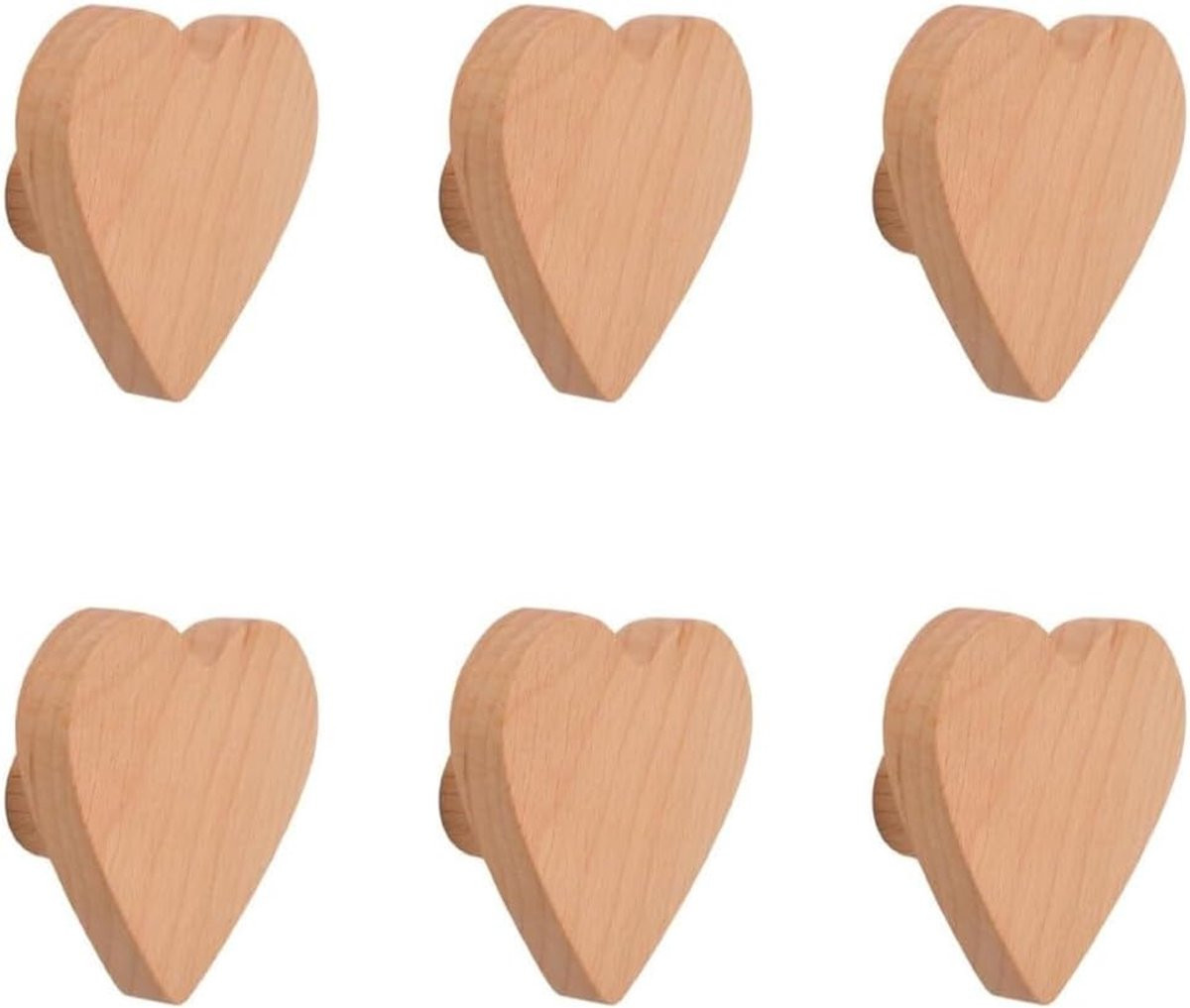 Set van 6 houten hartvormige kastknoppen van beukenhout voor bohemian meubels en ladekasten