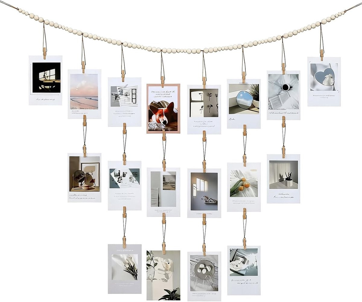 Hanging Photo Display met 28 Clips en Houten Kralen voor Bohemian Decoratie