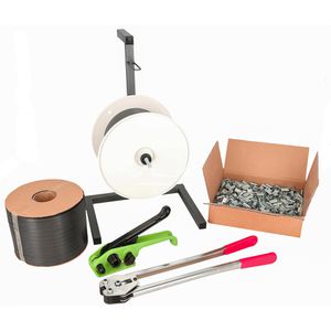 Supra Umreifungsset Profi K48, PET- & PP-Band 600 m x 13 mm, Abrollwagen,Verschlusszange, 1000 Metallhülsen und Bandspanner
